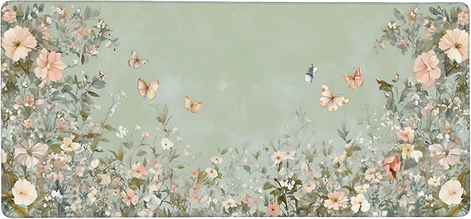 Cute Floral Aesthetic Wildflower Gaming Mouse Pad, Sage Green Macaron Desk Mat with Anti-Slip Base & Stitched Edges, Office & Home Desk Decor for Women, 35.4" x 15.7" in Computer Desktop Mat