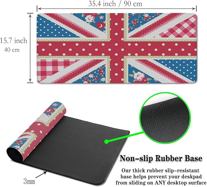 Union Jack Gaming XXL Mouse Pads British Flag Mouse Pad Shabby Chic Floral Style Mousepads Non-Slip Rubber Base Waterproof with Stitched Edges, 35.4" X 15.7" for Work/Game/Office/Home