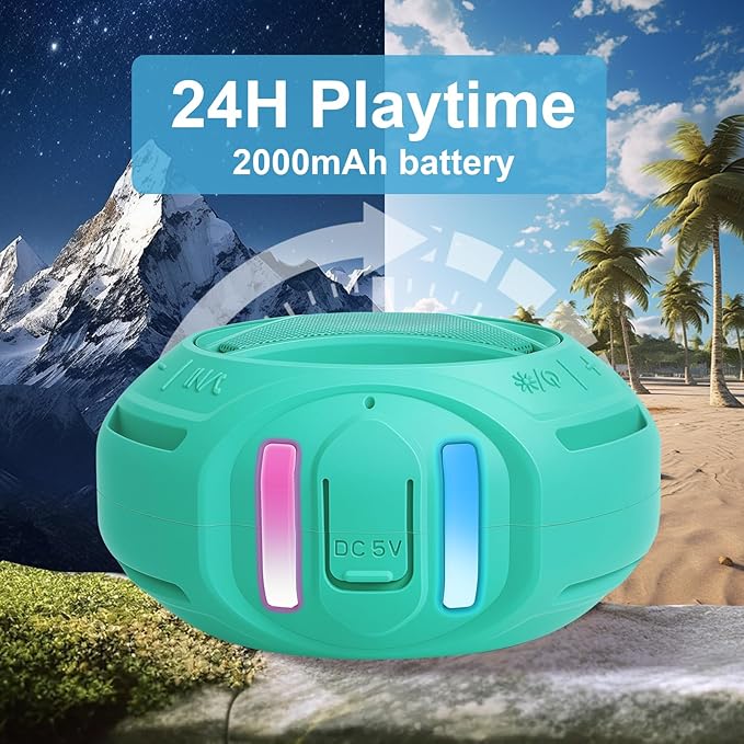 Portable Bluetooth Speaker, IPX7 Waterproof Shower Speaker, Wireless Outdoor Speakers, Floating, Built-in Mic, 24H Playtime with LED Lights, Loud HD Sound, Powerful Bass, Gifts for Unisex - Sky Blue