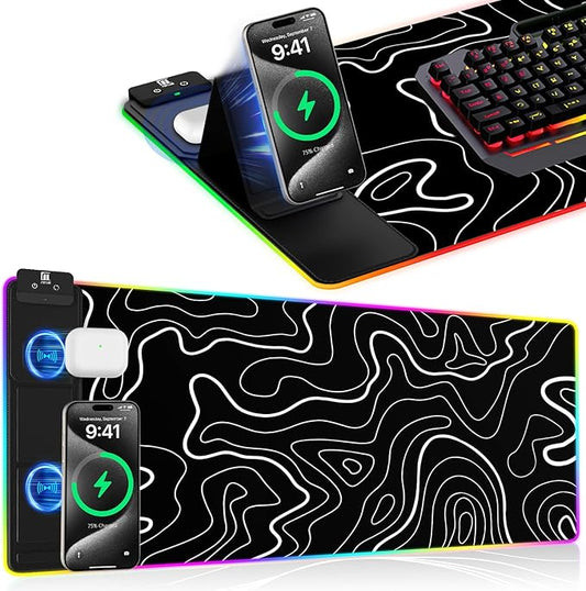 XXL Mouse Pad with Foldable Phone Holder - Black, RGB Desk Mat with 15W Fast Charging, LED Gaming Mousepad with 11 Light Colors, Waterproof Non-Slip Pad (Stand-XXL RGB Topographic)
