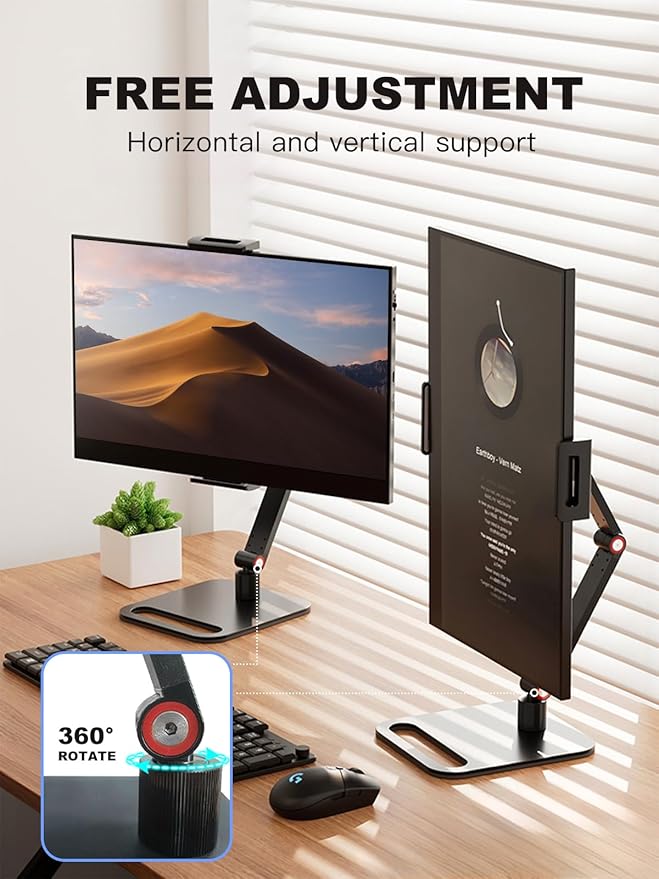 RQUOIRE portable monitor stand monitor arm 360 ° rotation,Suitable for 12-17.3-inch monitors and tablet screens，Adjustable height tablet holder for desk Expandable Display Base (black)