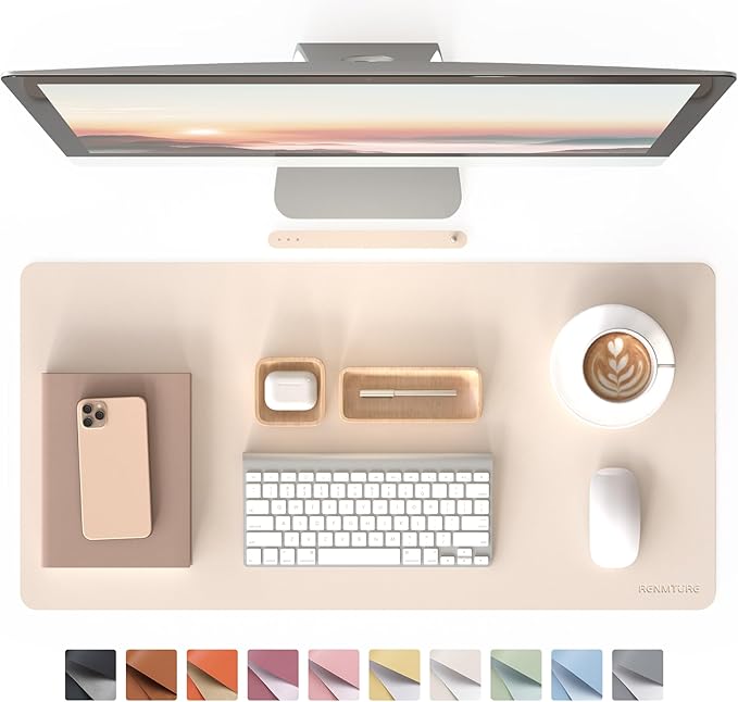RENMTURE PU Mouse Pad, Faux Leather Large Desk Pad, Home Work Office Accessories, Non-Slip Desk Mat, Waterproof Gaming Pad Desk Blotter (32"x16", Beige)