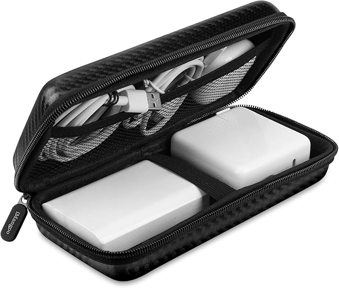 iMangoo Travel Essential Electronics Organizer Charger Case, Shockproof Dual Zipper Power Bank Cables Tech Accessories Pouch Purse, Men & Women Travel Must Have Storage Bag, 8.5x4.5x2 inch Fiber Black