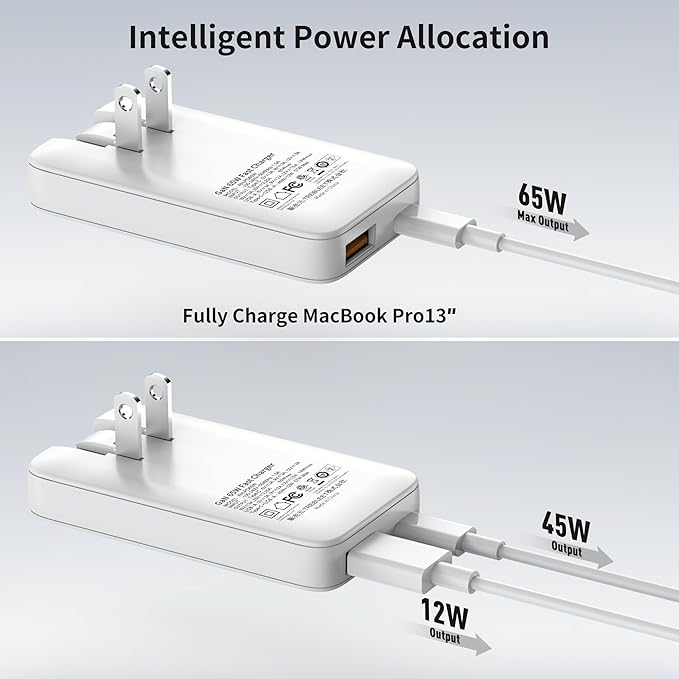 Ultra Thin 65W USB C Charger, Foldable for Travel, Flat Dual Port with PD 3.0 & GaN Tech for Laptops, MacBook, iPad Pro, iPhone 13/13 Pro, iPad Pro,S22, Galaxy Book, LG Gram, XPS, Pixel