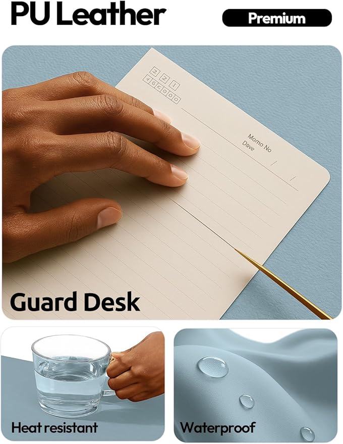 YSAGi Leather Desk Protector, Office Mat, Large Mouse Mat, Non-Slip PU Leather Blotter, Laptop Desk Pad, Waterproof Writing Pad for Office and Home (Ice Blue, 23.6" x 13.8")