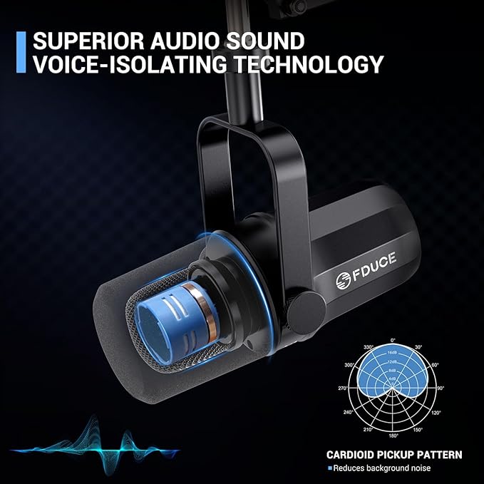 FDUCE XLR Dynamic Microphone for Vocal Recording, Podcasting, Gaming, Live Streaming&Broadcasting, All Metal Cardioid Mic, Voice-Isolating Technology, with Boom arm SL40X+