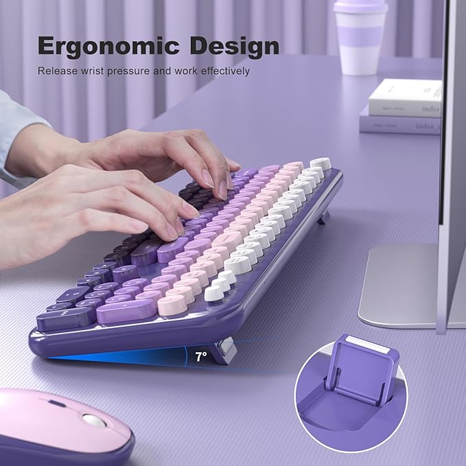 Wireless Keyboard and Mouse, 2.4G USB Retro Full Size Typewriter Keyboard and Cute Mouse Combo for Windows 7/8/10, Laptop, Desktop, PC, Computer (Purple)