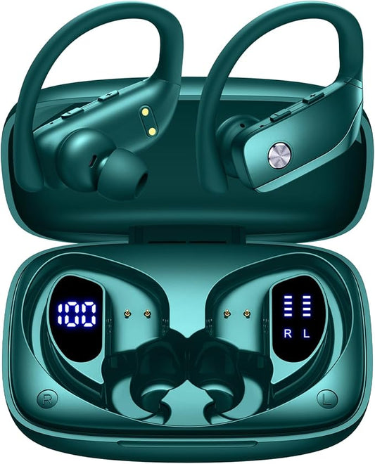 bmanl Wireless Earbuds Bluetooth Headphones Over Ear Hooks Ear Buds with 80H Playtime, LED Power Display, Dual Mic Clear Calls, Sports Wireless Ear Buds Bluetooth Earbuds for Running Gym Workout Green