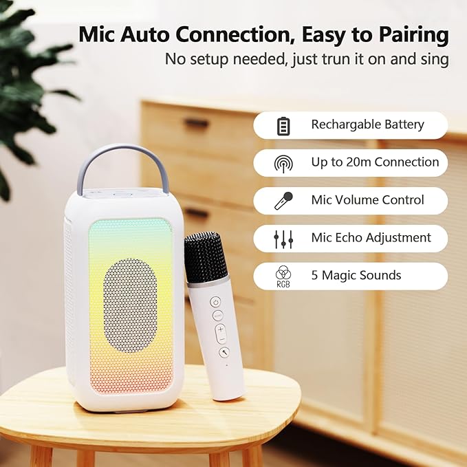 Bobtot Portable Bluetooth Speaker, 16H Playtime Wireless Speakers, Peak Singing Machine with Microphone, Magic Sound, Echo, EQ Mode (White, with 1 Mic)