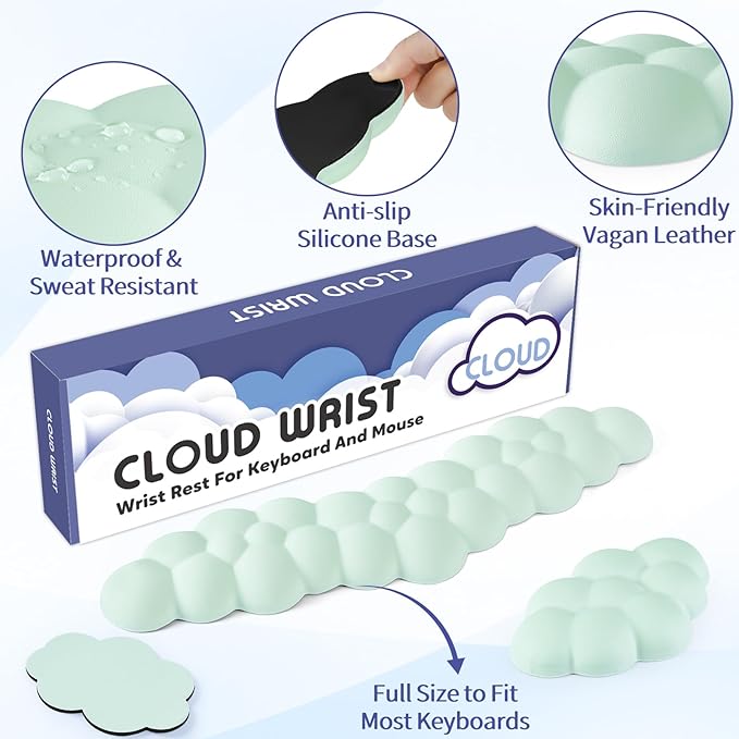 Sushret Cloud Wrist Rest for Keyboard and Mouse, Memory Foam PU Leather Keyboard Wrist Rest with Ergonomic Support, Non-Slip Base, Cute Arm Rest Pad & Palm Cushion, Office Desk Accessory, Light Green