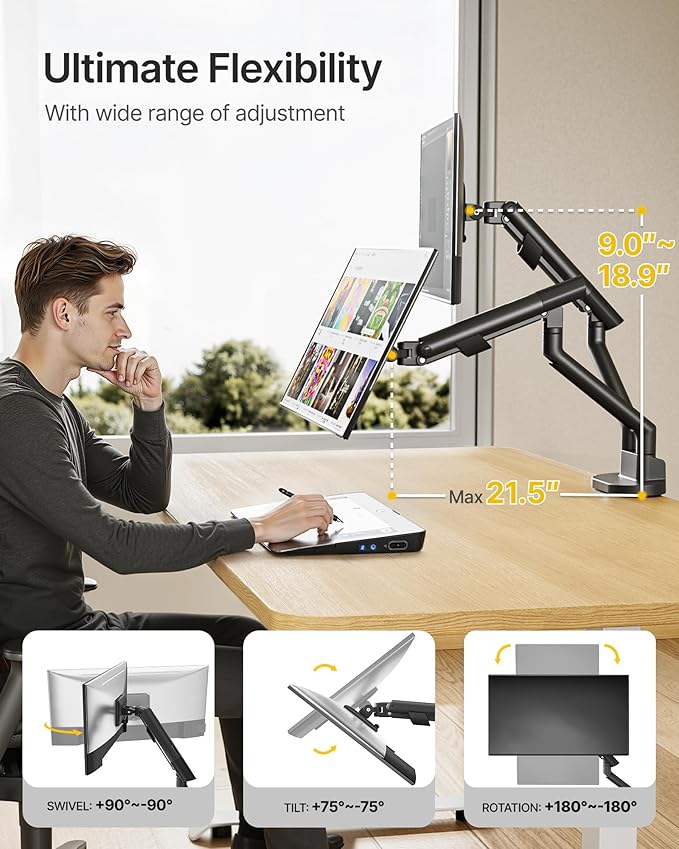 monTEK Dual Monitor Stand for 2 Screens 17 to 35 Inch, Heavy Duty Monitor Mount Arm, VESA Mount Desk Stand with C-Clamp/Grommet Base, Holds up to 24.3 lbs Per Arm, VESA 75/100mm