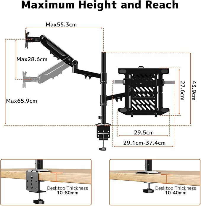 PUTORSEN Laptop Arm Mount for up to 35'' Monitors, Laptop Tray for Max 18'' Notebook, Fully Adjustable Spring Laptop Desk Mount Holds Max 19.8lbs, VESA 75x75/100x100 mm