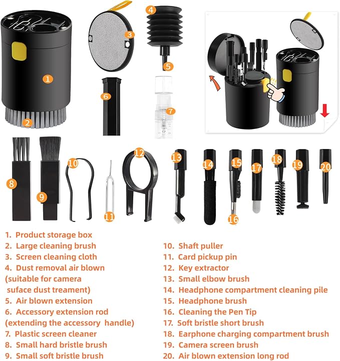 20-in-1 Laptop Phone Screen Earbud Cleaning Kit, Keyboard Cleaner Kit, Keyboard Cleaning Kit with Electronic Cleaning Brush Spray for Airpods Pro, iPad, iPhone Pro, Camera, Computer Cleaning (Black) - Image 4