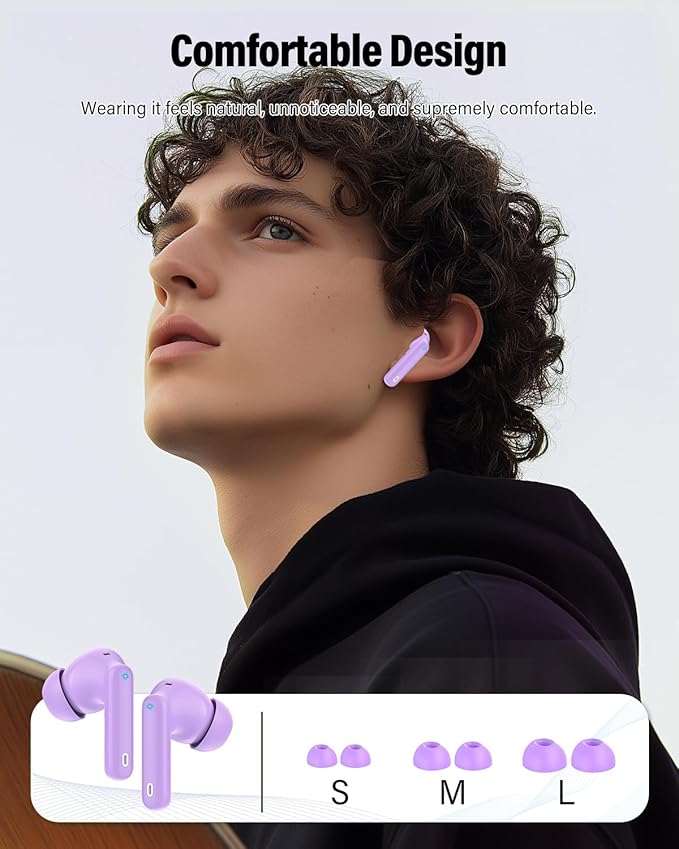 Wireless Earbuds, Bluetooth 5.4 Headphones Bass Stereo, Ear Buds with Noise Cancelling Mic, IP7 Waterproof in Ear Earphones, 36H LED Display Bluetooth Earbuds for Laptop Pad Phones, Pale Violet