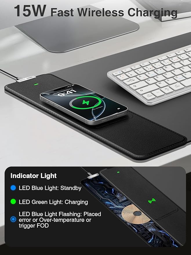 2-in-1 Mouse Pad with Wireless Charging, Gaming Mouse Pad, 31.5"x15.8" Large Desk Mat for Laptop/Keyboard, Waterproof Smooth Surface, Non-Slip Base, No Adapter