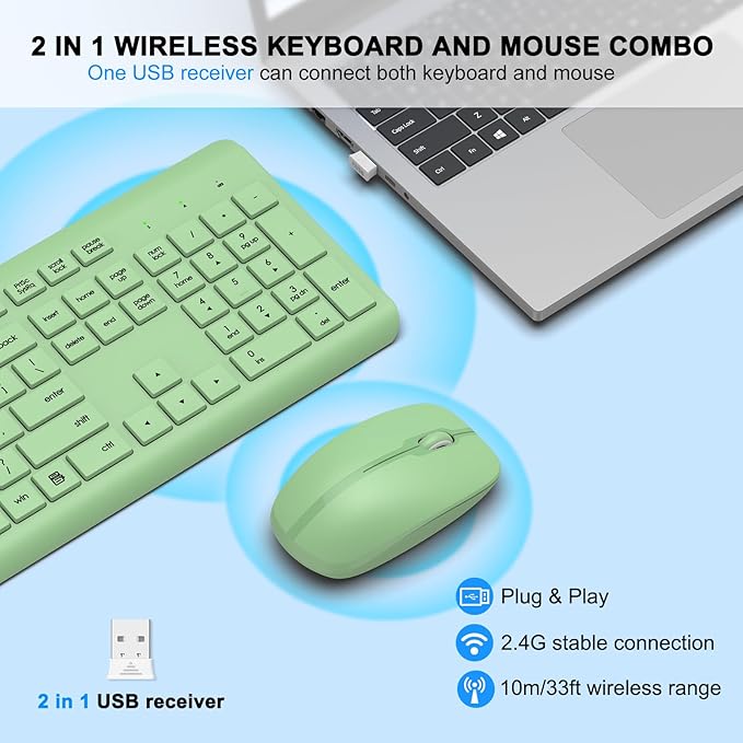 Wireless Keyboard and Mouse Combo, Full-Size Silent Ergonomic Keyboard and Optical Mouse, Long Battery Life, 2.4G Lag-Free Mice Keyboard for Mac, Laptop, PC, Windows(Avocado Green)