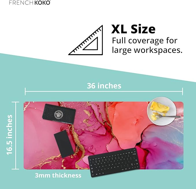 French KOKO Large Mouse Pad Desk Mat Protector Keyboard Pad Desktop Office School Decor Big Extended Laptop Computer Accessories Pretty Mousepad Women XL Cool Marble Pink Gold