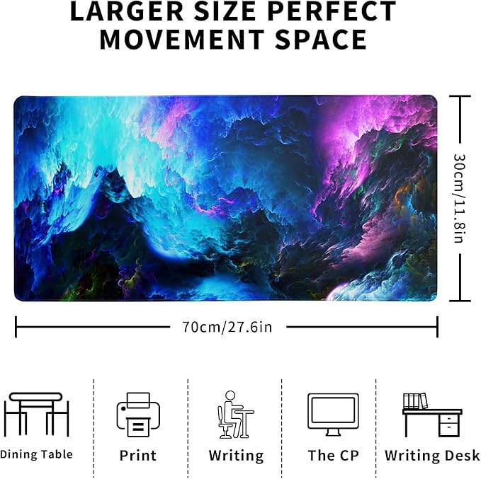 Dazzling Galaxy Gaming Mouse Pad 27.6x11.8 Inch Blue Purple Galaxy Nebula Universe Space Large Mousepad Non-Slip Rubber Base Stitched Edges Keyboard Mouse Mat Desk Pad for Office Home and Game