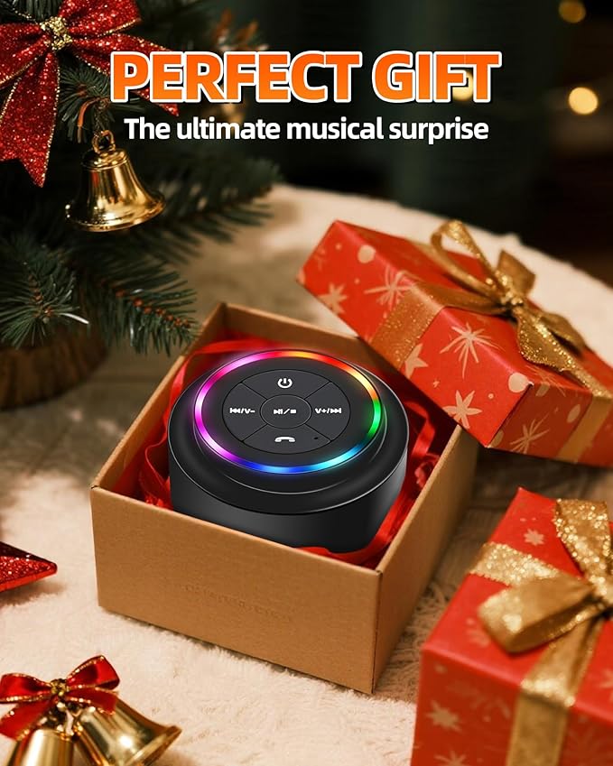 Waterproof Bluetooth Shower Speaker, Portable Wireless Speaker with Suction Cup, Small Portable Wireless Outdoor Speakers, 6 Mode RGB Lights, for Shower Bathroom Pool Beach, Gift Ideas for Christmas