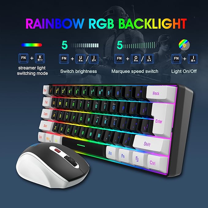 Snpurdiri 2.4G Wireless Gaming Keyboard and Mouse Combo, Include Small 60% Merchanical Feel Keyboard, Ergonomic Design Mini Wireless Mouse(White and Black)