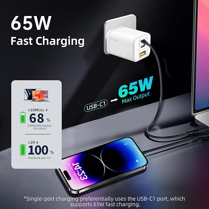 65W USB C Charger,PD3.0 GaN USB C Charger for Travel, Fast Charger for MacBook Pro/Air, iPad, Galaxy S24 Ultra, Dell XPS, iPhone 15 Pro and More(White)