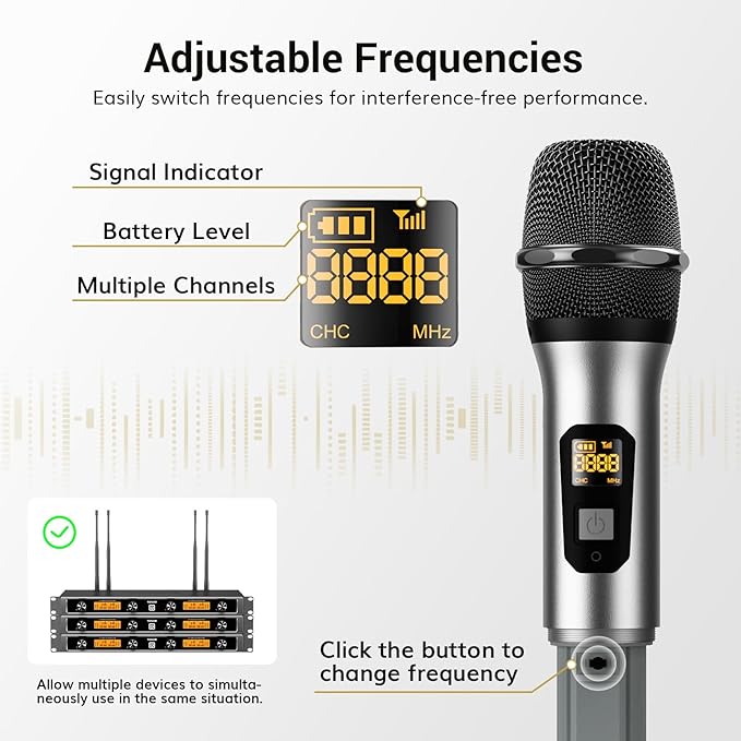 TONOR Wireless Microphones System, 4x5 Channel UHF Wireless Mic, 4 Handheld Adjustable Frequency Metal Cordless Dynamic Mic, Multiset Operation, 90 m Ideal for Karaoke Singing Wedding Church, Silver