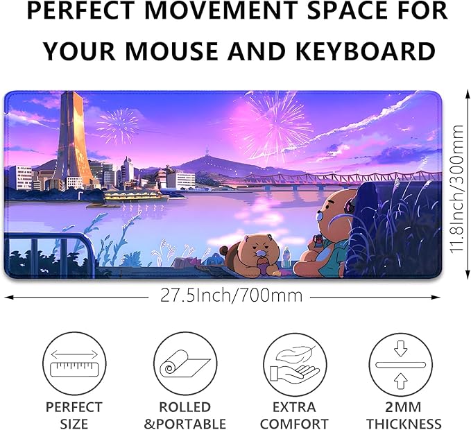 Cartoon Bear Large Desk Mat, Fireworks Theme - Gaming Mouse Pad for Computer, Office, Home (27.5x11.8 in)