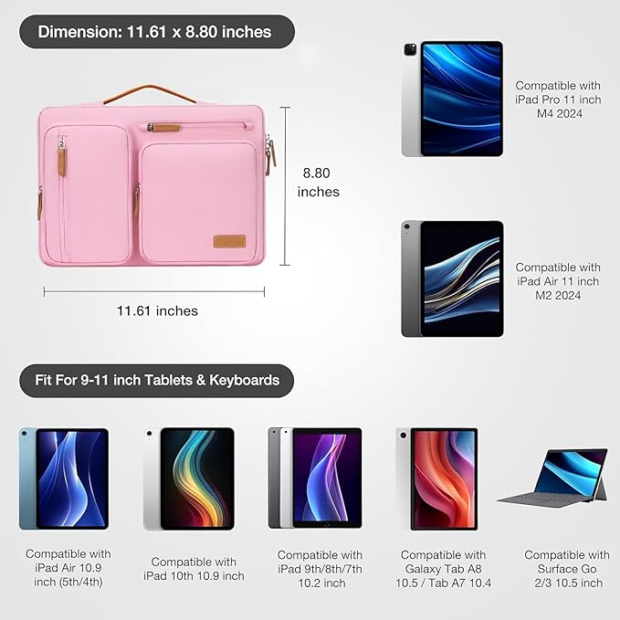MOSISO 9-11 inch Tablet Sleeve Case for iPad A16 2025, iPad Air 11 inch M3 M2, iPad Pro 11 M4, iPad 10/9/8/7th, Galaxy Tab A9+/S9/S8/Plus 11, Side Open Carrying Bag with 4 Zipper Pockets, Pink
