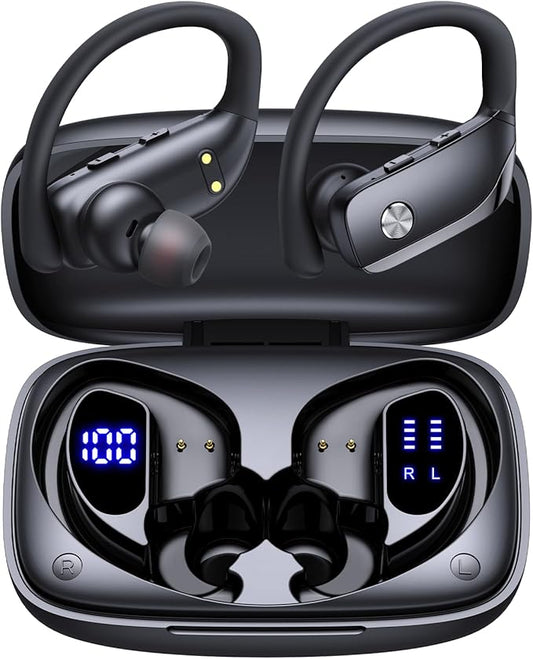 bmanl Wireless Earbuds Bluetooth Headphones Over Ear Hooks Ear Buds with 80H Playtime, LED Power Display, Dual Mic Clear Calls, Sports Wireless Ear Buds Bluetooth Earbuds for Running Gym Workout Black