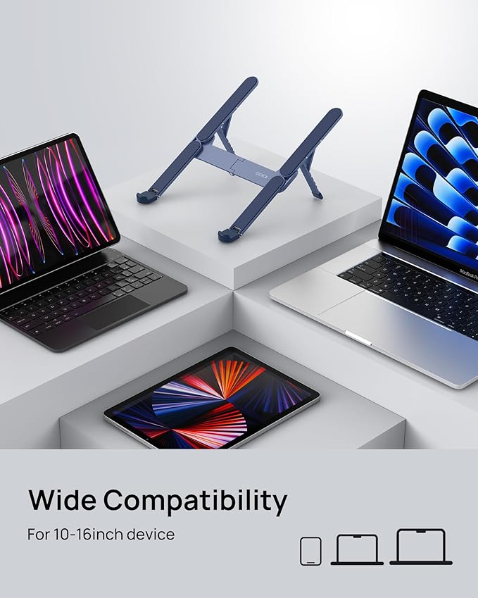SODI Ultra Compact Foldable Laptop Stand - Portable Laptop Holder for Desk & Travel Use, Adjustable, Ergonomic Aluminum Computer Holder for MacBook, Tablet 10-16" (Blue, Bi-Fold)