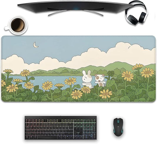 Sunflower Cute Anime Desktop Mat, Desk Mat for Keyboard and Mouse, Gaming Mat for Computer Office Home Work (27.5X11.8 in)