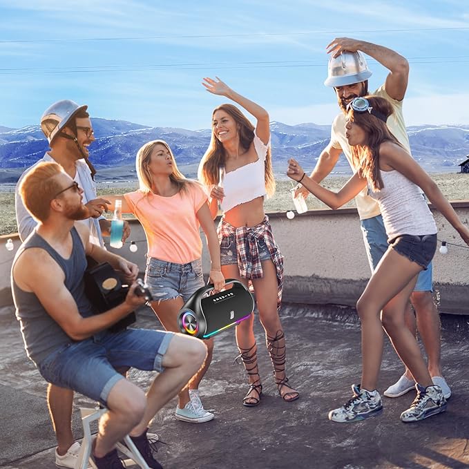 Bluetooth Speaker, IPX5 Waterproof Portable Bluetooth Speaker with Powerful Bass & LED Lights, BT5.3, Wireless Stereo Pairing for Home Party, Beach, Outdoor Camping, Support USB/TF Card/AUX/TWS