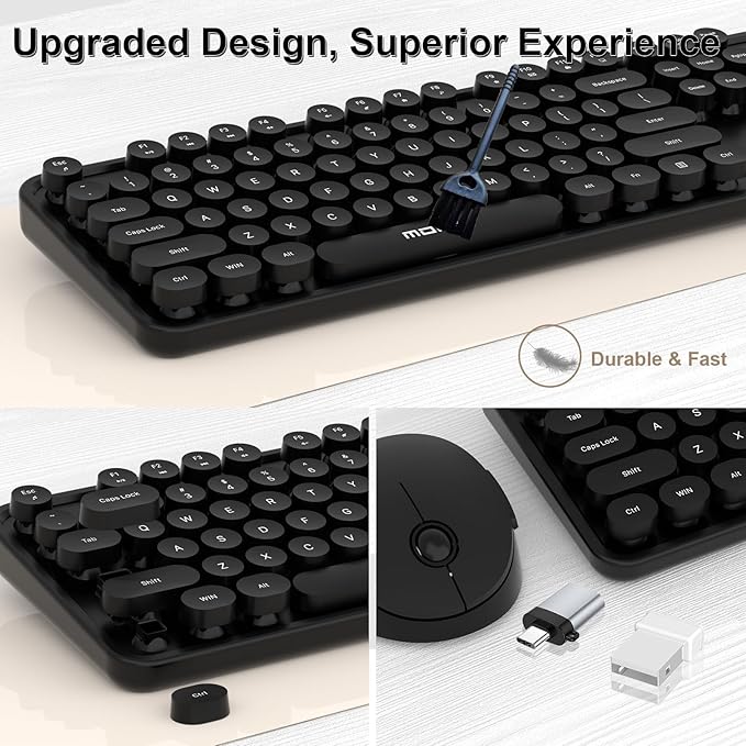 Wireless Keyboard and Mouse, COOFUN Cute Colorful 104 Keys Full Size Typewriter Keyboards Retro Cordless Key Board Ergonomic Keyboards and Mouse Wireless for Windows, PC, Laptop, Desktop (Black)