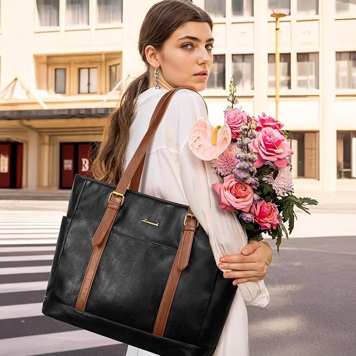 LOVEVOOK Laptop Tote Bag for Women,Vintage Leather Work Tote Bag for Women Computer Briefcase Bag,Waterproof Teacher Business