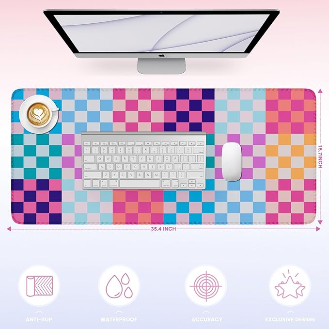 iLeadon Desk Mat Cute,Computer Desktop Mouse Pad,Colorful Checkered Desk Mouse Mat Extra Large,Long Full Rubber Base Mousepad with Stitched Edges,Keyboard Mat for Women Office,Home