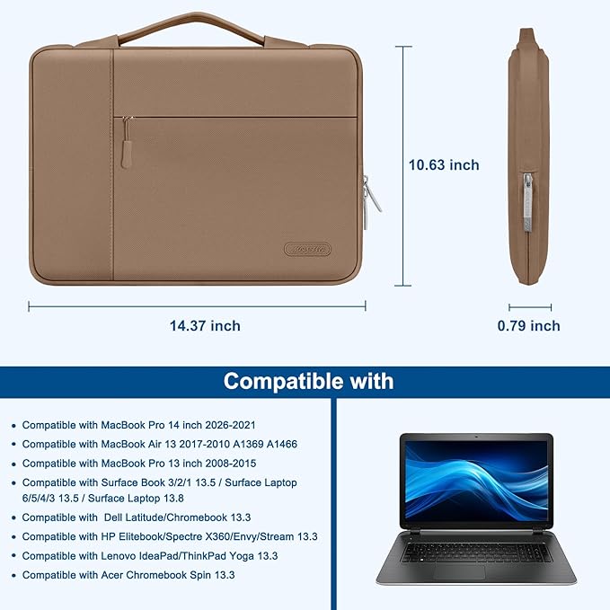 MOSISO Laptop Case 13.3 inch, 13-13.3 inch Laptop Sleeve with Handle Compatible with MacBook Air/Pro 13/Pro 14 M5 M4 M3 M2 M1,HP Dell ASUS Lenovo, Polyester Multifunctional Computer Bag, Brown