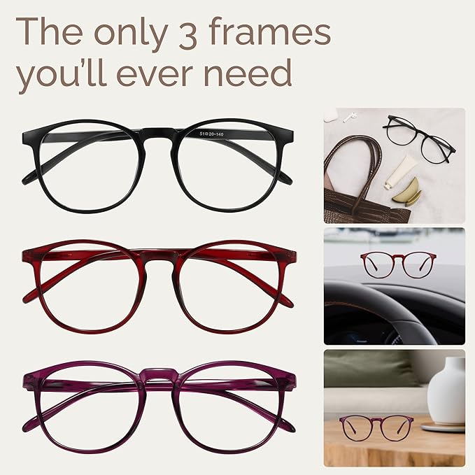IBOANN Chic & Comfy Blue Light Glasses for Women - 3-Pack Round Frames, Screen-Ready Style with UV Protection Coating