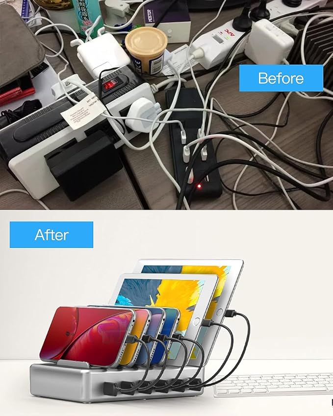 Charging Station for Multiple Devices - 6 Port Multi USB-A Charger Stations Multi-Device Organizer Charging Dock for iPhone iPad Android Cell Phone Tablets with 6 Mixed Cables Included(UL Certified)