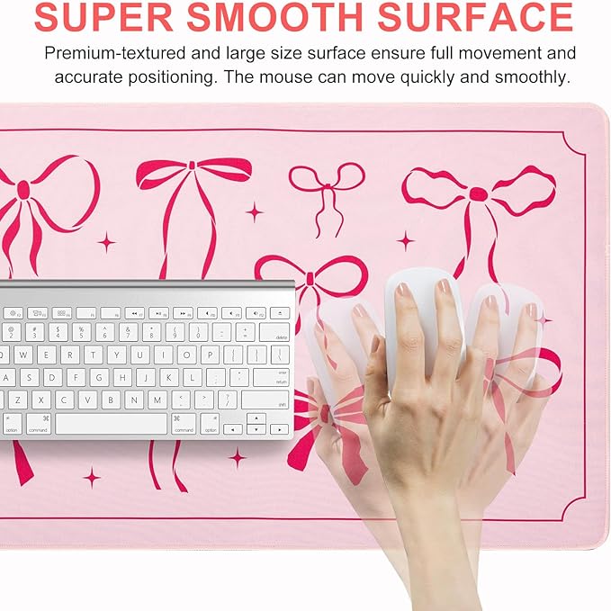 L-SPOUTTO Pink Bow Desk Mat for Keyboard and Mouse,XXL Large Mouse Pad Non-Slip Keyboard Pad Waterproof Desktop Mat for Laptop Computer Work Game Home Office-Pink Ribbon
