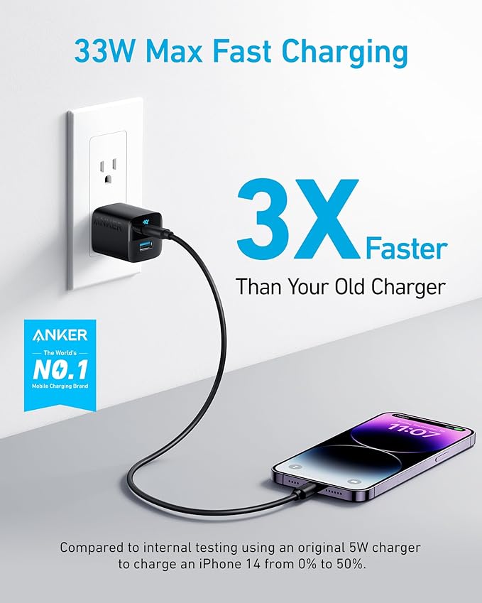 Anker USB C Charger Block, 33W 2 Port Compact Charger with Foldable Plug for iPhone 17/16 Series, Galaxy, and More (Cable Not Included, Black)