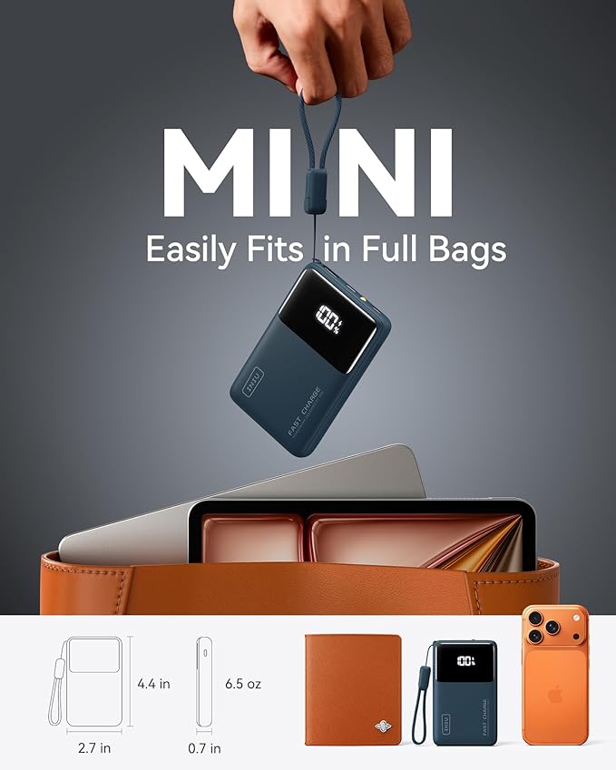 INIU Small Portable Charger, 45W PD Fast Charging 10000mAh Power Bank, Battery Pack with Attached USB C Cable, Travel Essentials Powerbank for iPhone 17 16 15 14 Pro Air, Xiaomi, Samsung S25, Blue