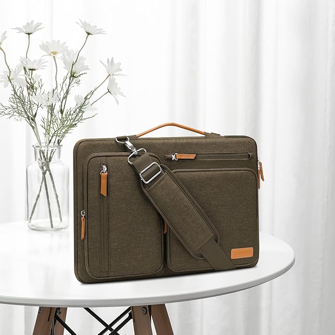 MOSISO 360 Protective Laptop Shoulder Bag,13-13.3 inch Computer Bag Compatible with MacBook Pro 14, HP, Dell, Lenovo, Asus Notebook,Side Open Messenger Bag with 4 Zipper Pockets&Handle, Carob Brown
