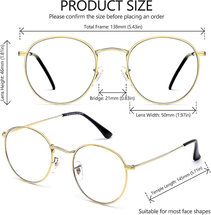 Round Blue Light Blocking Glasses for Men Women, Circle Metal Wire Rimmed Frame Glasses Anti Glare & UV RF5002
