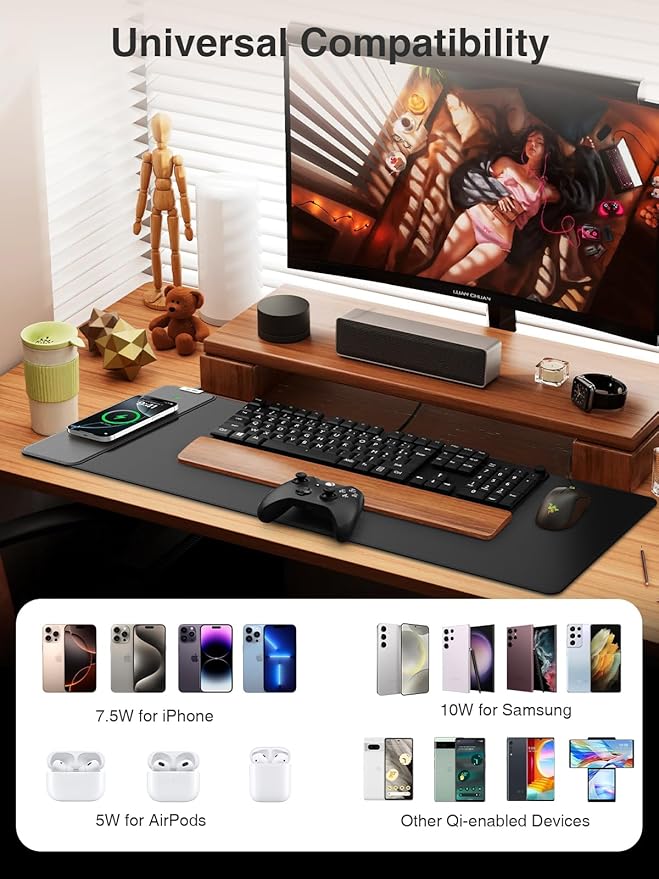 2-in-1 Mouse Pad with Magnetic Wireless Charging, Gaming Mouse Pad, 31.5"x11.8" Large Desk Mat for Laptop/Keyboard, Waterproof Smooth Surface, Non-Slip Base, No Adapter