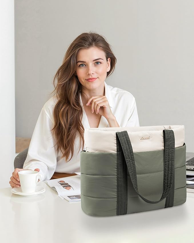 LOVEVOOK Tote Bag for Women, Large Puffer Work Tote Laptop Bag, Lightweight Travel Tote Bag with Zipper Gifts for Women