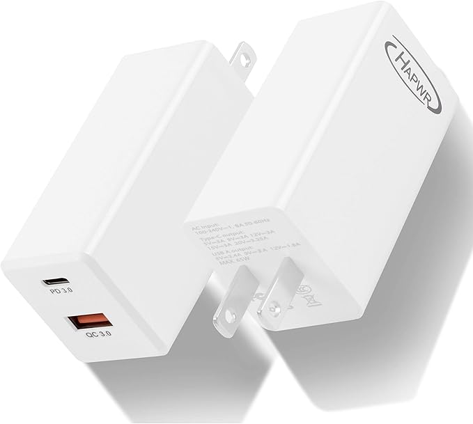 GaN Tech 65W Dual Port PD Wall Charger with 5ft USB C Cable for MacBook, Laptops, iPad Pro, iPhone 12, Galaxy, Pixel and More (White)