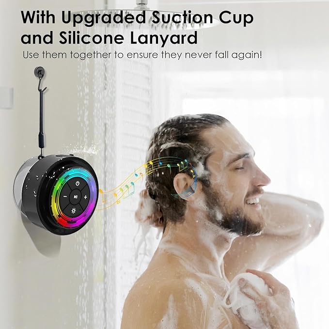 XLeader Pro Bluetooth Shower Speaker (Upgraded) Certified IPX7 Waterproof, 8W Crystal Sound&Rich Bass, 15H Playtime, with RGB Lights, Suction Cup, Silicone Lanyard, Ideal Gifts, SoundAngel Mate(2 Gen)
