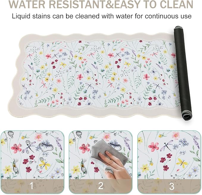 L-SPOUTTO Floral Mouse Pad,Botanical Desk Mat XXL Large Scalloped Gaming Mousepad,35.4x15.7in Non-Slip Keyboard Pad Waterproof Desktop Mat for Laptop Computer Work Game Home Office-Wild Flowers