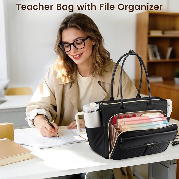 LOVEVOOK Teacher Tote Bag for Women, Laptop Bag Briefcase with Accordion File Pocket, Nurse Handbag for Work, Travel, College | 40oz Cup Holder, Muli-Pockets