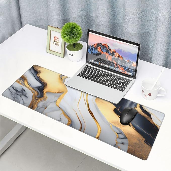 Desk Pad,Office Desk Mat 31.5"×11.8" Large Gaming Mouse Pad,Extended Computer Mouse Pad,Waterproof Thick Big Mouse Pads with Non-Slip Rubber Base Office Home Black White Gold Marble